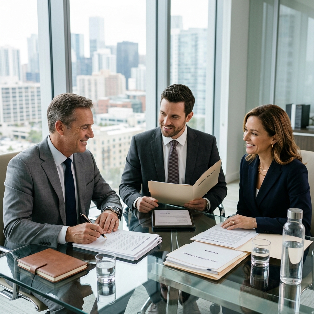 Business buyer, seller, and advisor signing the final purchase agreement and bill of sale at closing