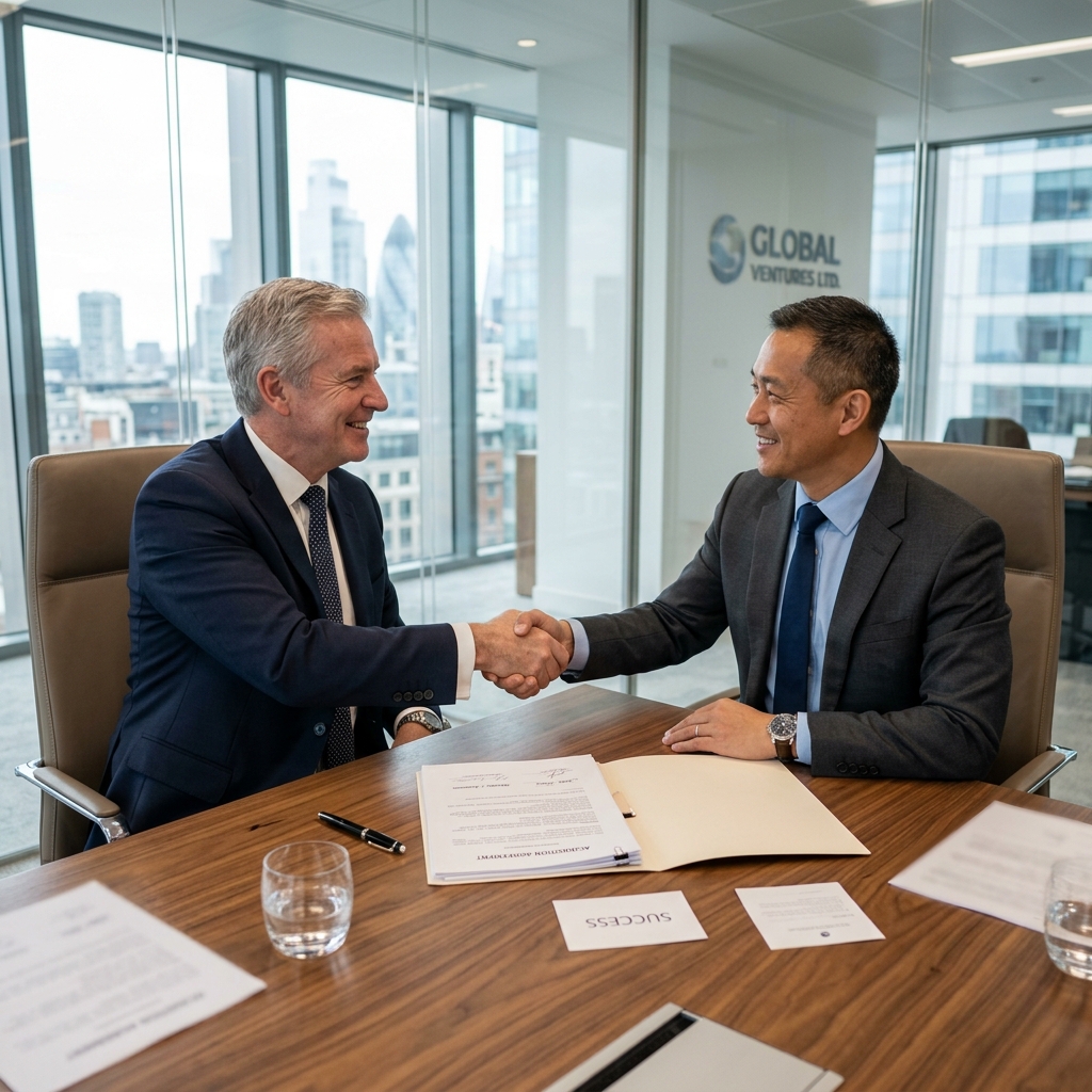 Business seller and buyer shaking hands across a conference table after finalizing a business sale purchase agreement