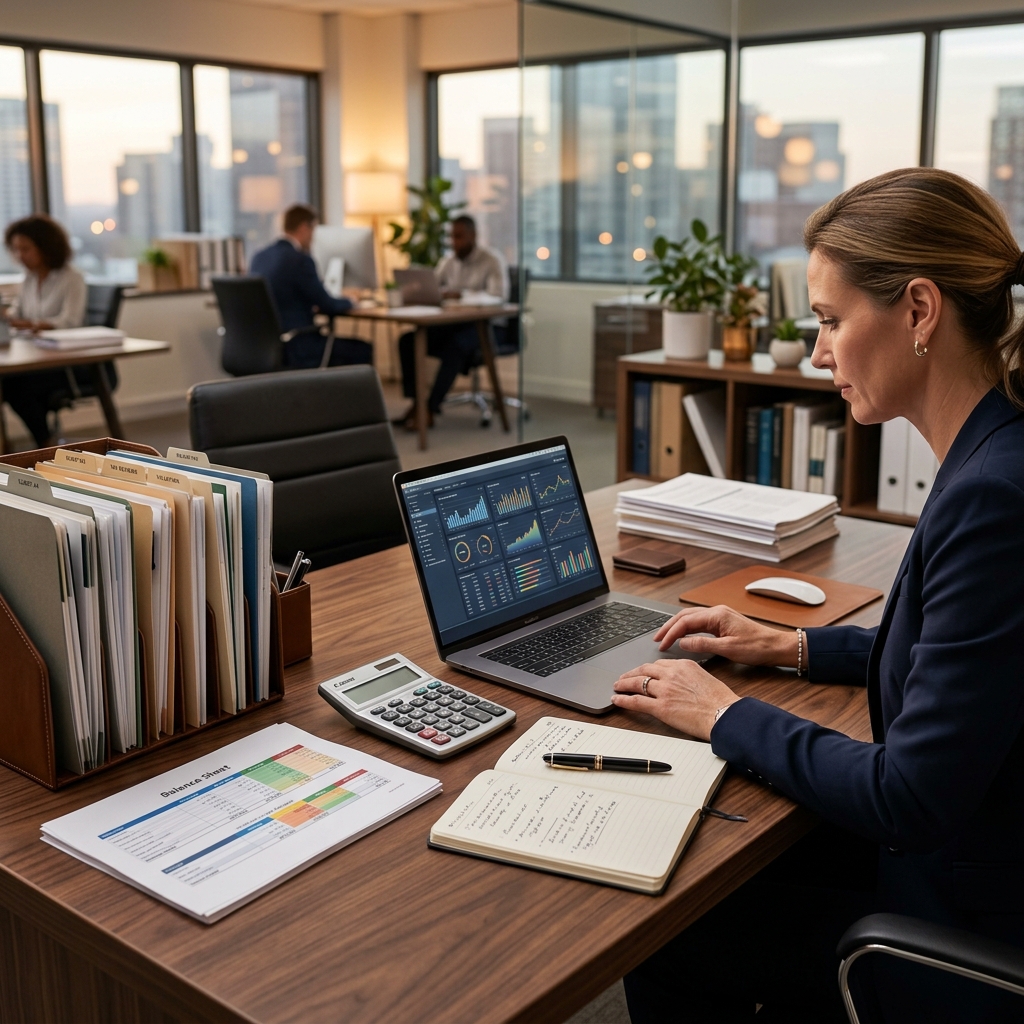 Organized due diligence financial documents, balance sheets, and data room laptop for selling a business