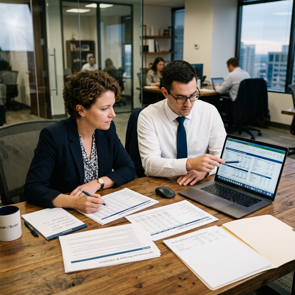 Business broker analyzing normalized earnings, EBITDA, and financial statements for business valuation