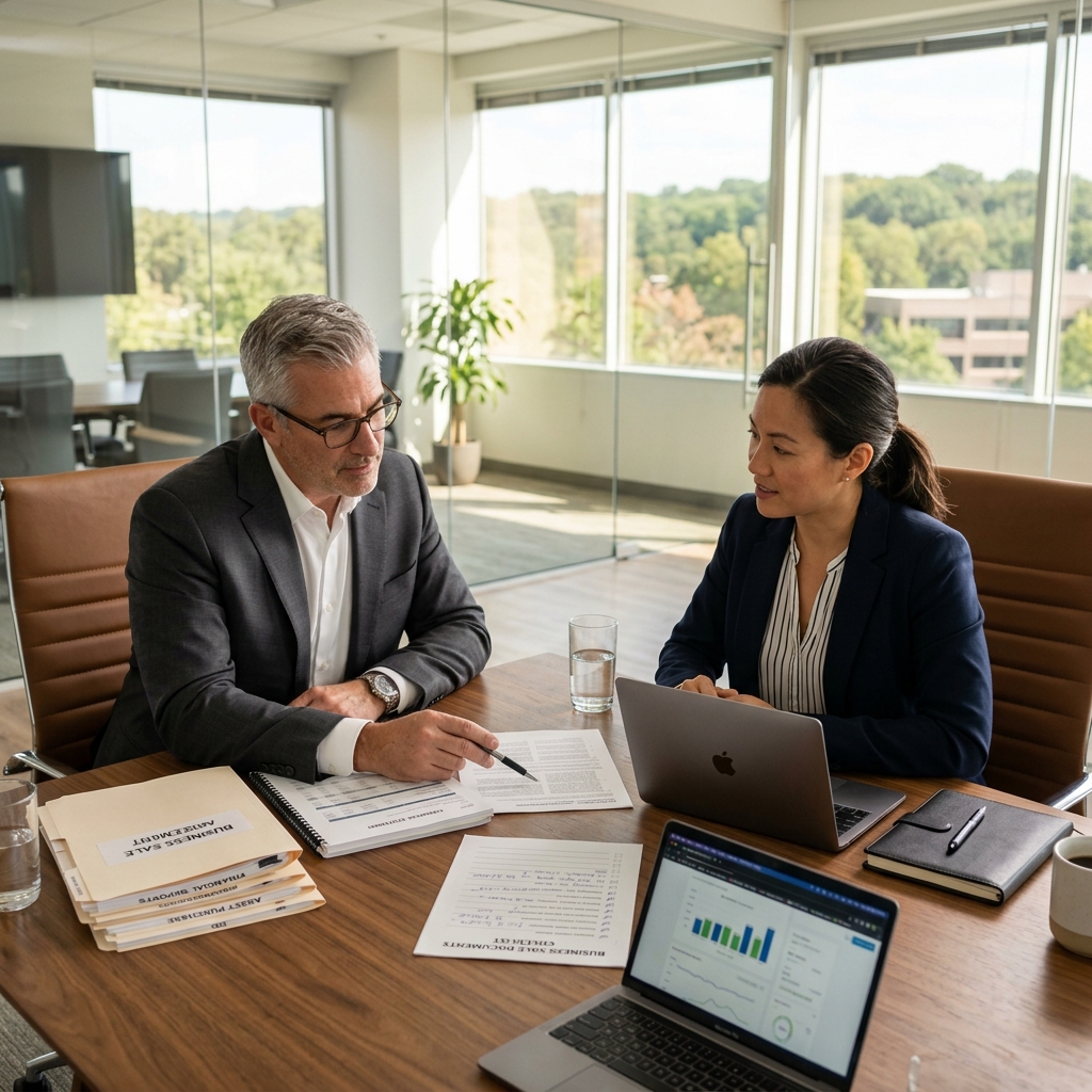Business broker and owner reviewing the documents needed to sell a business including tax returns and financial statements