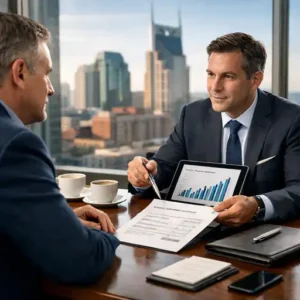 Business owner preparing a company for sale with financial documents and an advisor