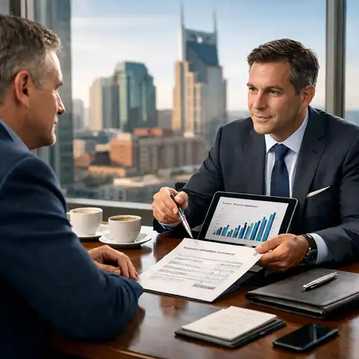 Business owner preparing a company for sale with financial documents and an advisor